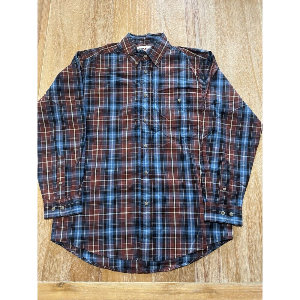 Wrangler Rugged Wear Shirt Mens Large Burgundy Blue Plaid Button Down RWL01RT